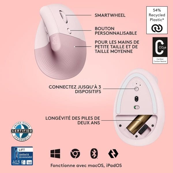 Logitech Lift Souris Ergonomique Verticale,(Rose) – Image 8